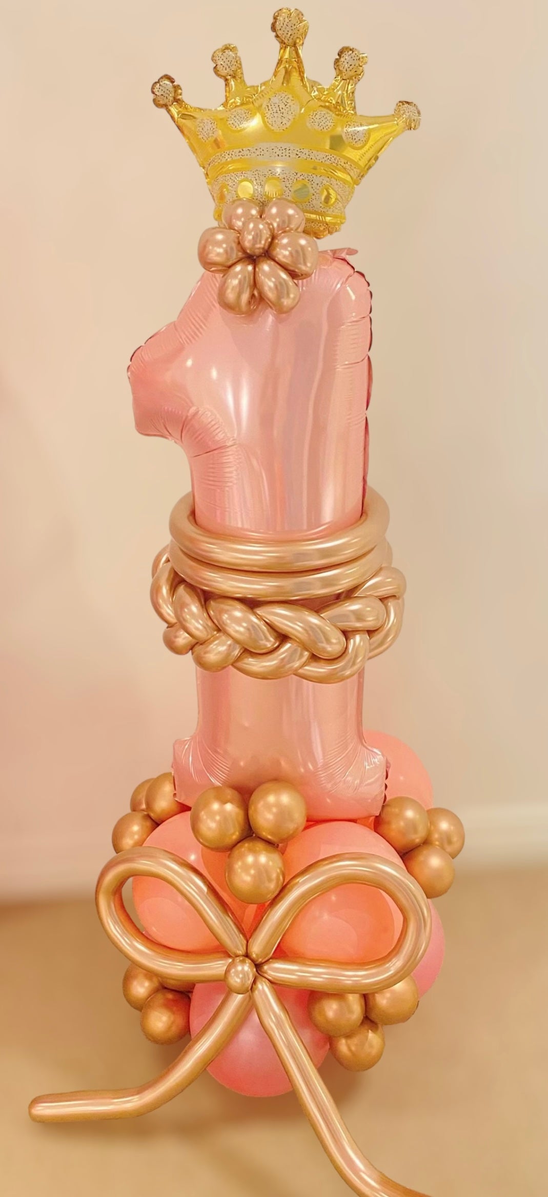 Princess-Themed First Birthday Balloon Tower with Crown Topper
