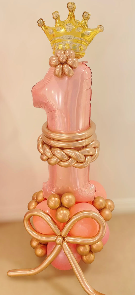 Princess-Themed First Birthday Balloon Tower with Crown Topper