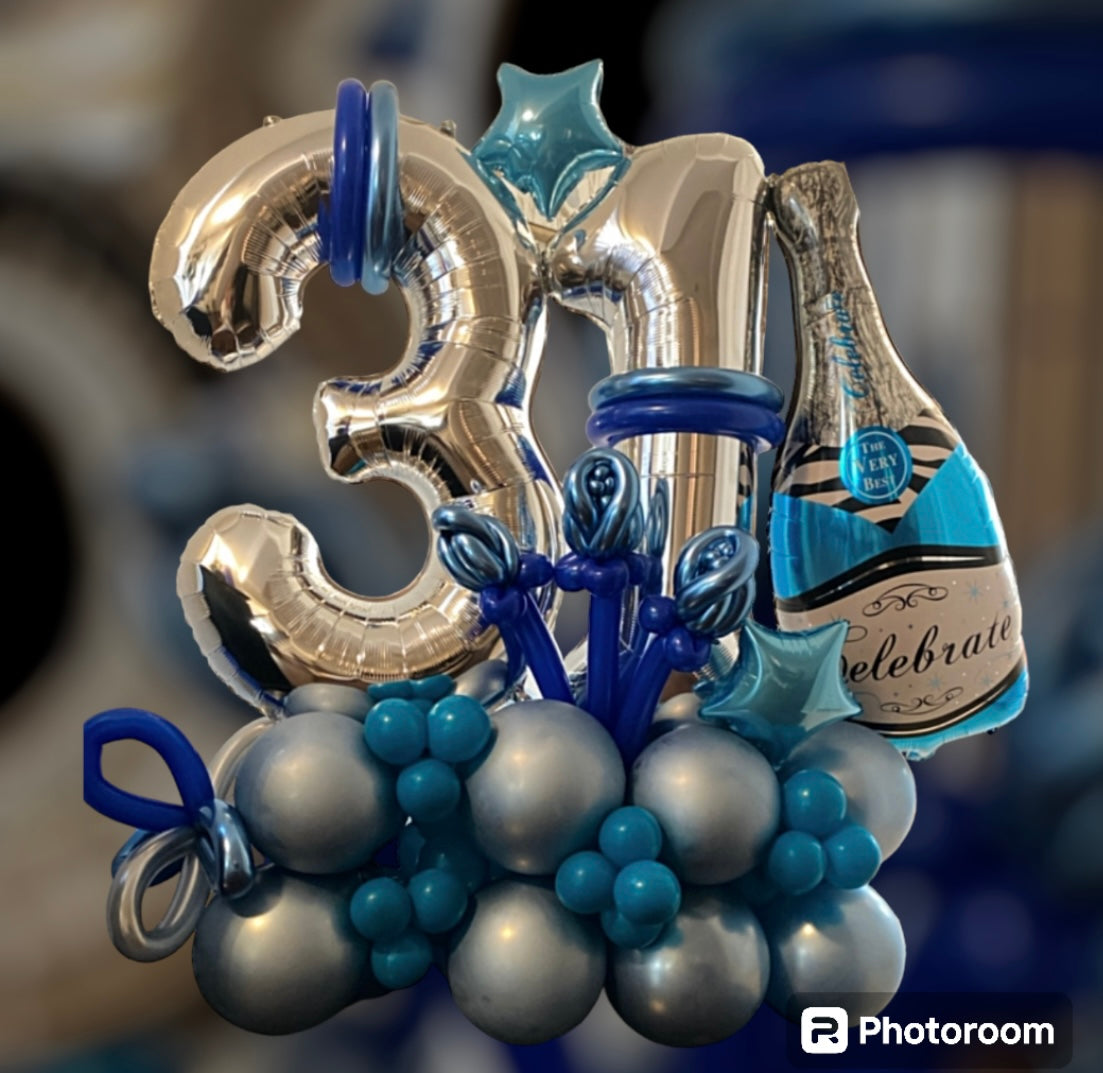 Silver and Blue 31st Birthday Celebration Balloon Display
