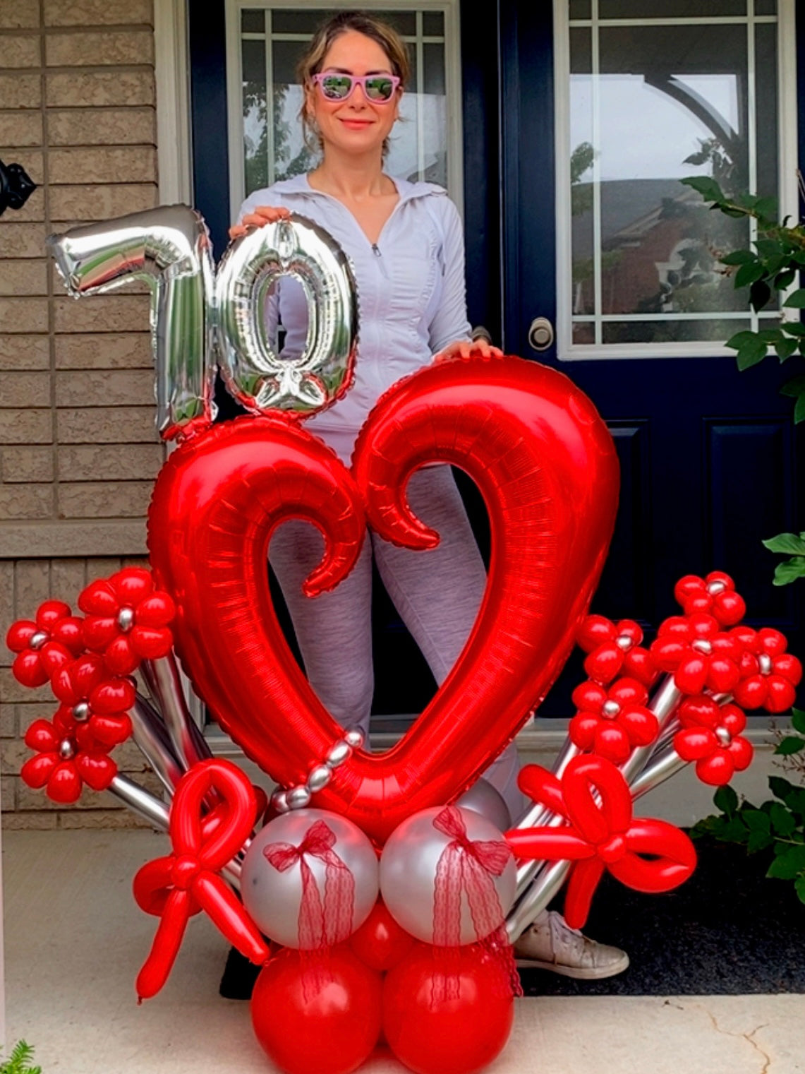 Romantic Red and Silver 70th Birthday Balloon Display