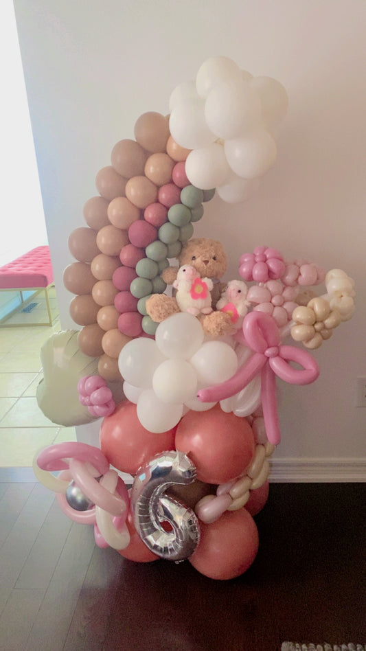 Whimsical Teddy Bear-Themed 6th Birthday Balloon Display