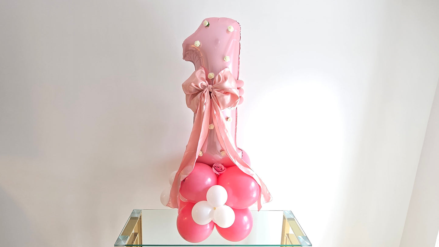 Pink Number Balloon | 40 Inch Foil Balloon | 1st Birthday Decor | Baby Girl Party Decoration | Floral Balloon Arrangement