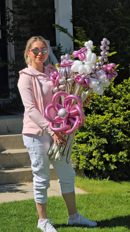 Metallic Balloon Flower Bouquet – Luxe Pink & Pearl White