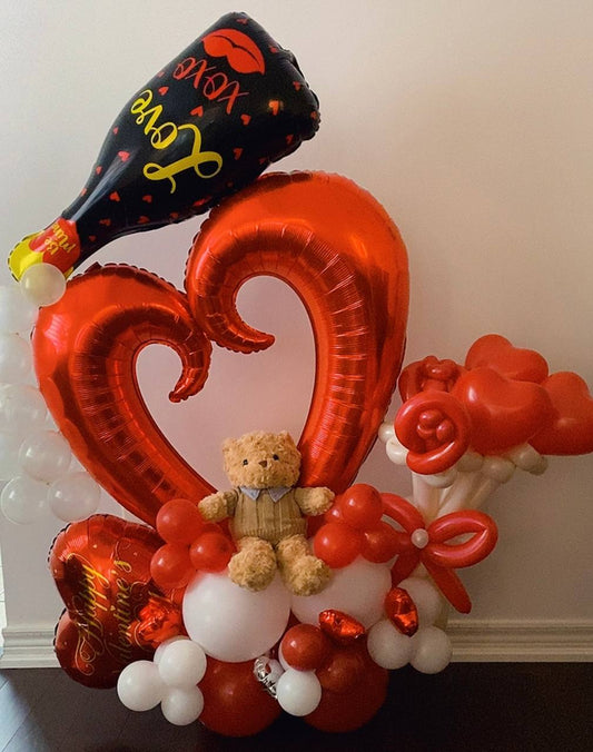 Romantic Red Heart Balloon Arrangement with Teddy Bear