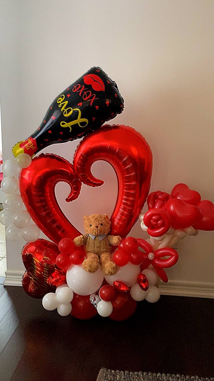 Romantic Red Heart Balloon Arrangement with Teddy Bear